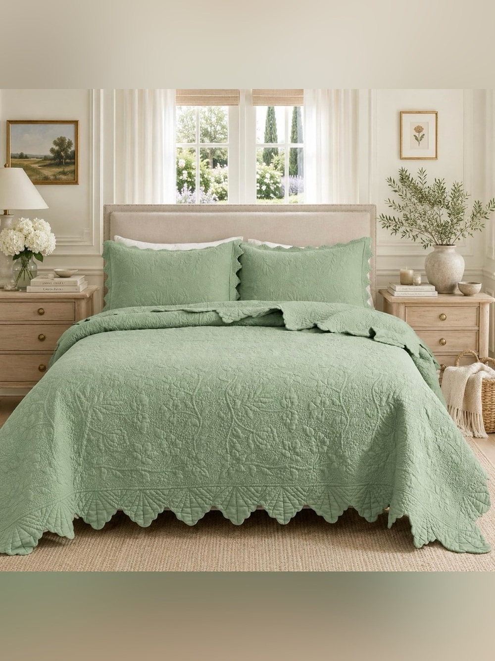 Sage Green king 3 piece Quilted Bedspread Set - Elegant Scalloped Edge